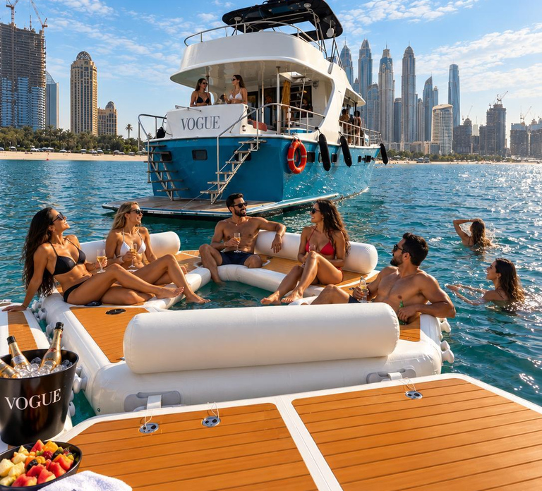 Dubai: Private Yacht Charter with Inflatable Floating Island