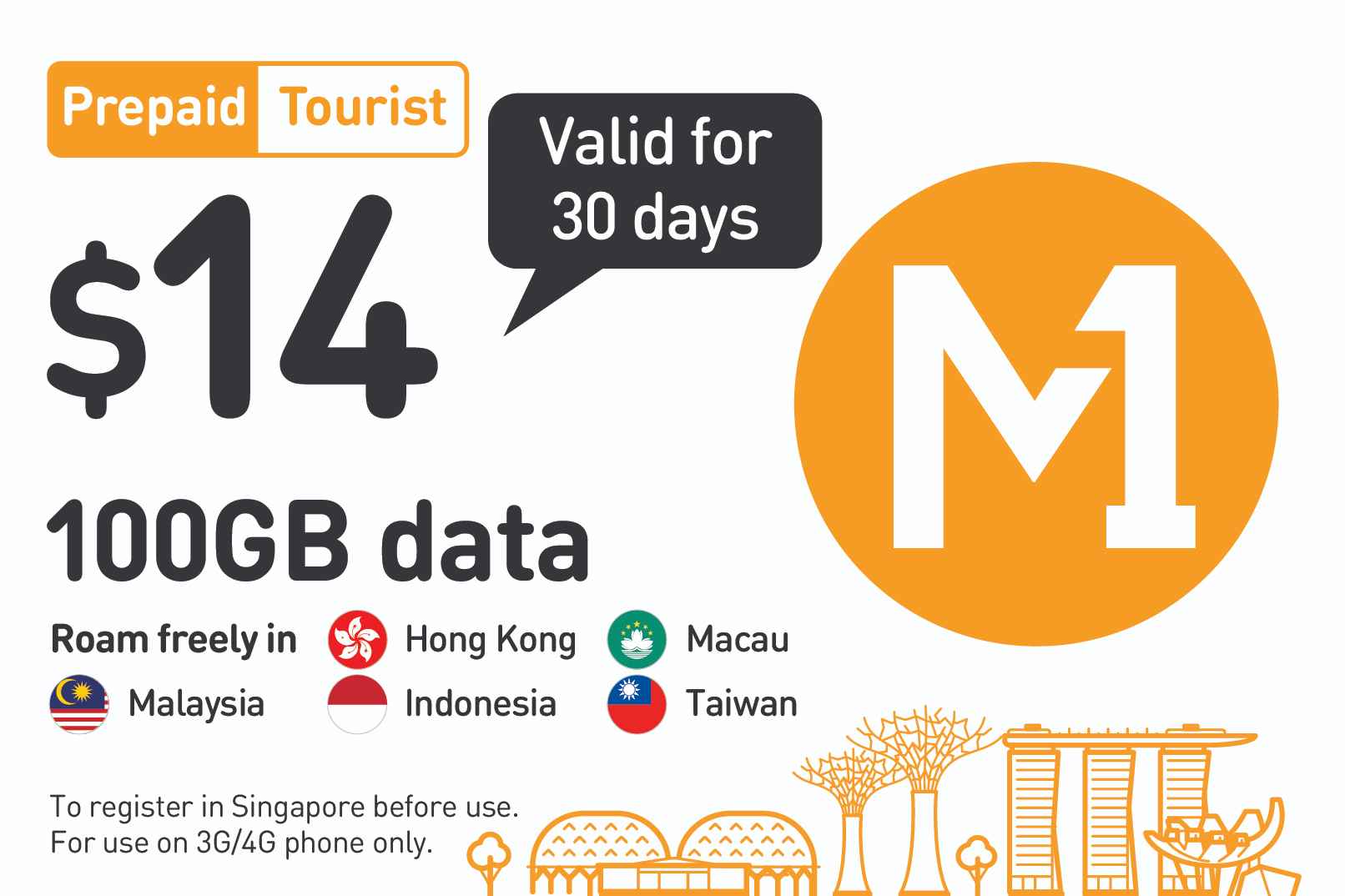 Singapore 4G M1 Tourist SIM/eSIM - Airport & City Pick-Up